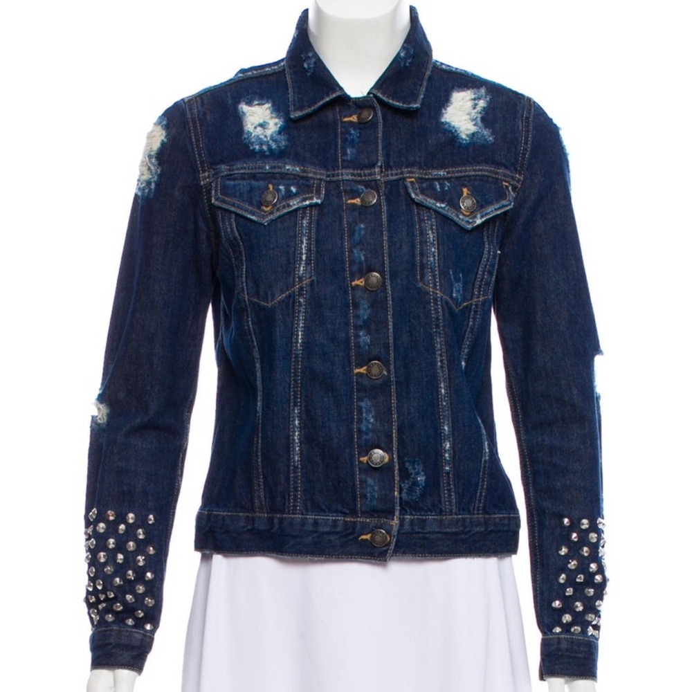 Sandro Blue Denim Jacket with Embellished Sleeves